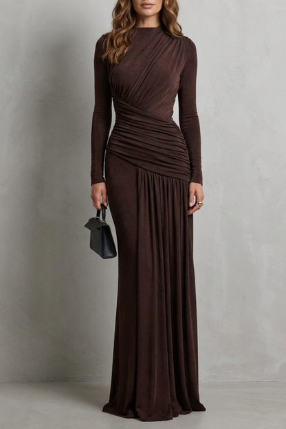 Verity | Maxi Dress Dark Brown Jersey Ruched Long Sleeve for Women
