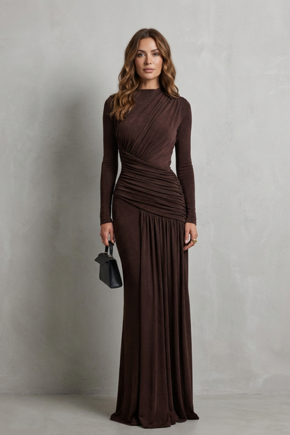 Verity | Maxi Dress Dark Brown Jersey Ruched Long Sleeve for Women