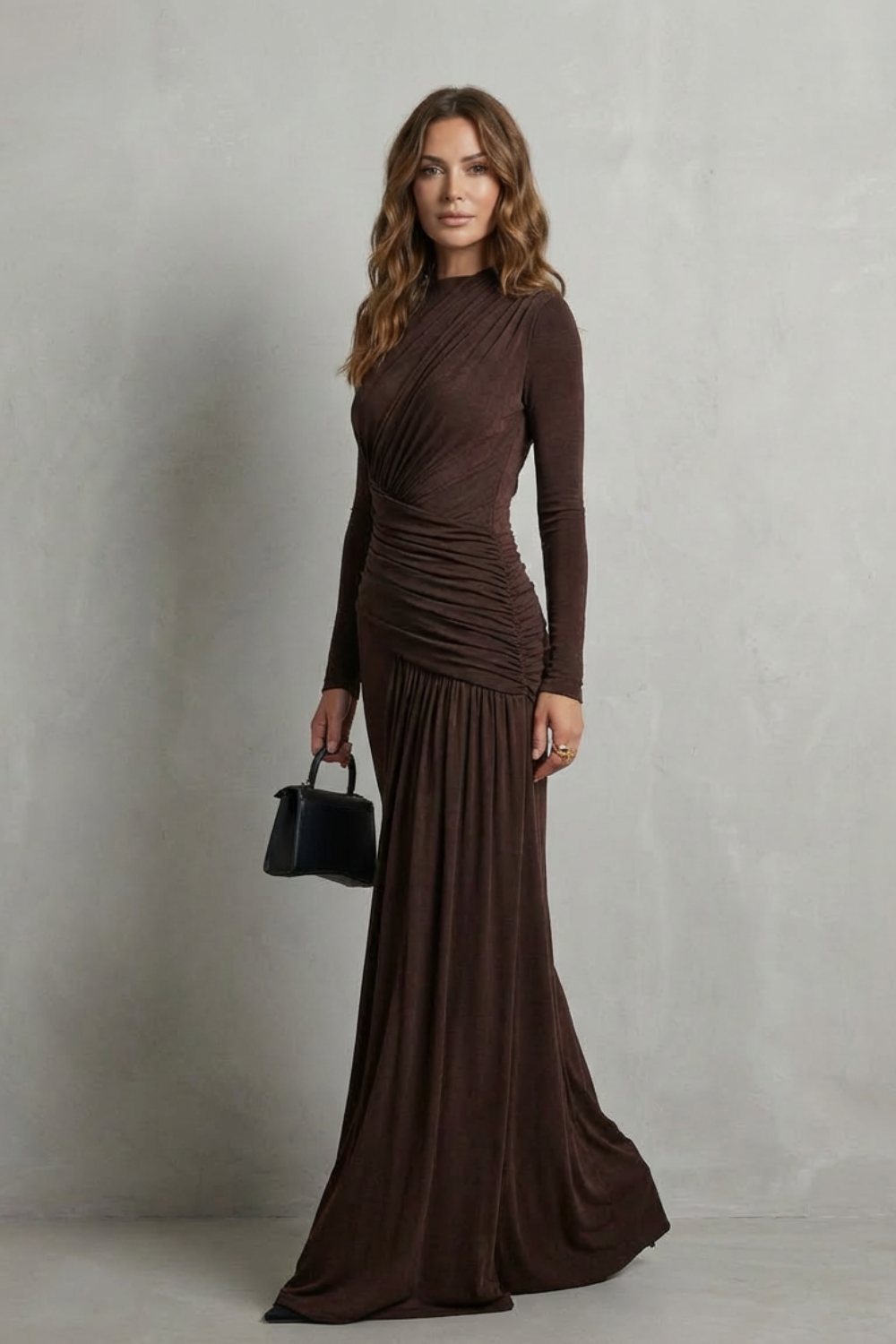 Verity | Maxi Dress Dark Brown Jersey Ruched Long Sleeve for Women