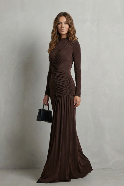 Verity | Maxi Dress Dark Brown Jersey Ruched Long Sleeve for Women