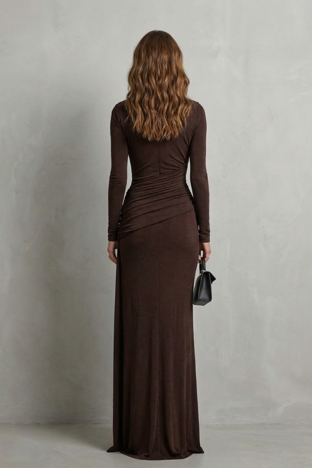 Verity | Maxi Dress Dark Brown Jersey Ruched Long Sleeve for Women