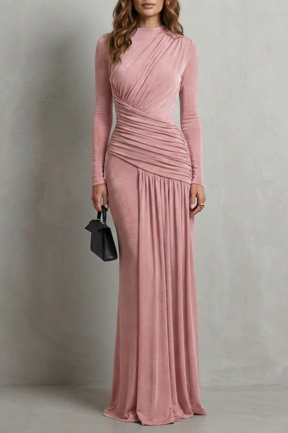 Verity | Maxi Dress Dark Brown Jersey Ruched Long Sleeve for Women