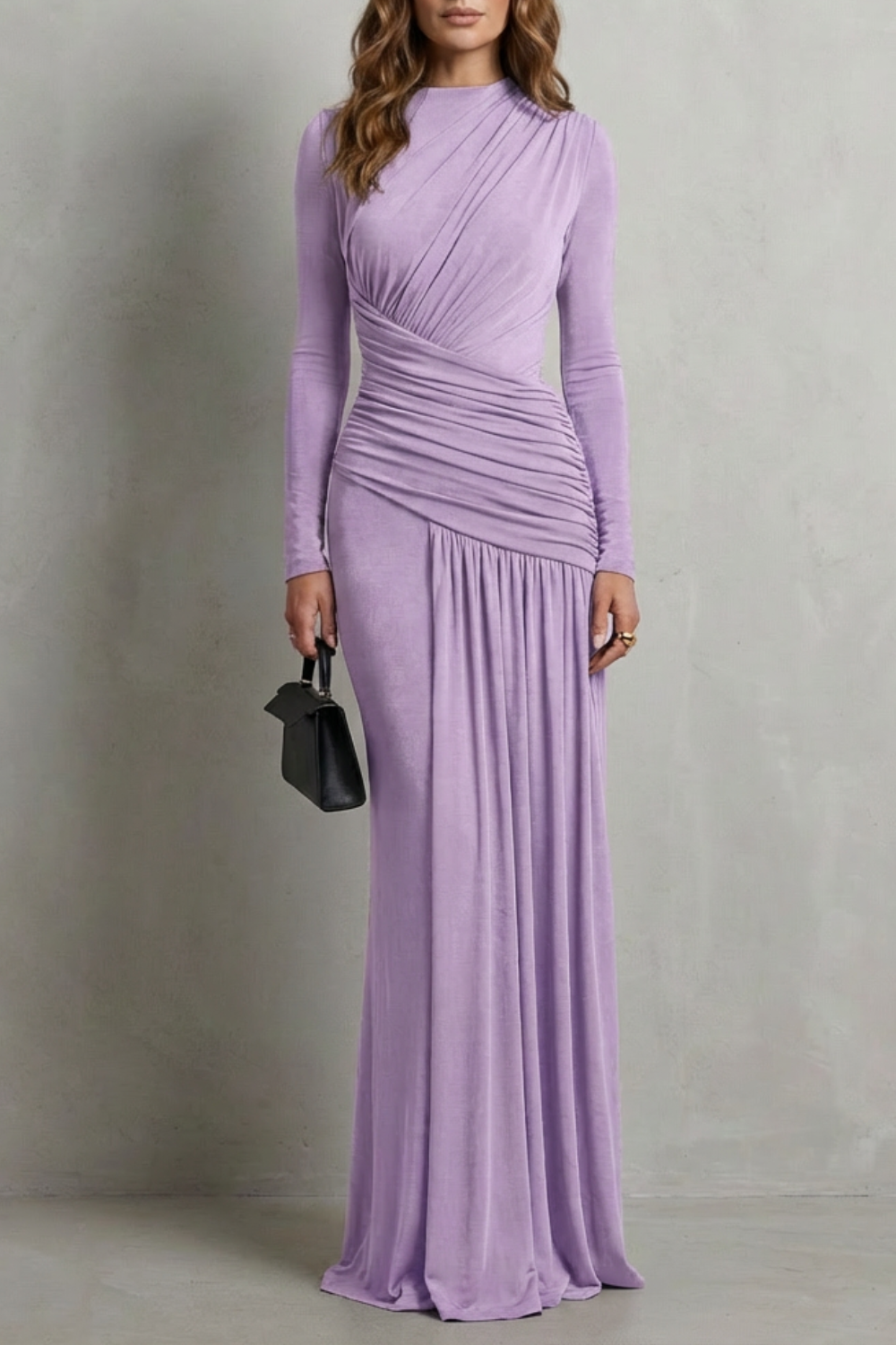 Verity | Maxi Dress Dark Brown Jersey Ruched Long Sleeve for Women