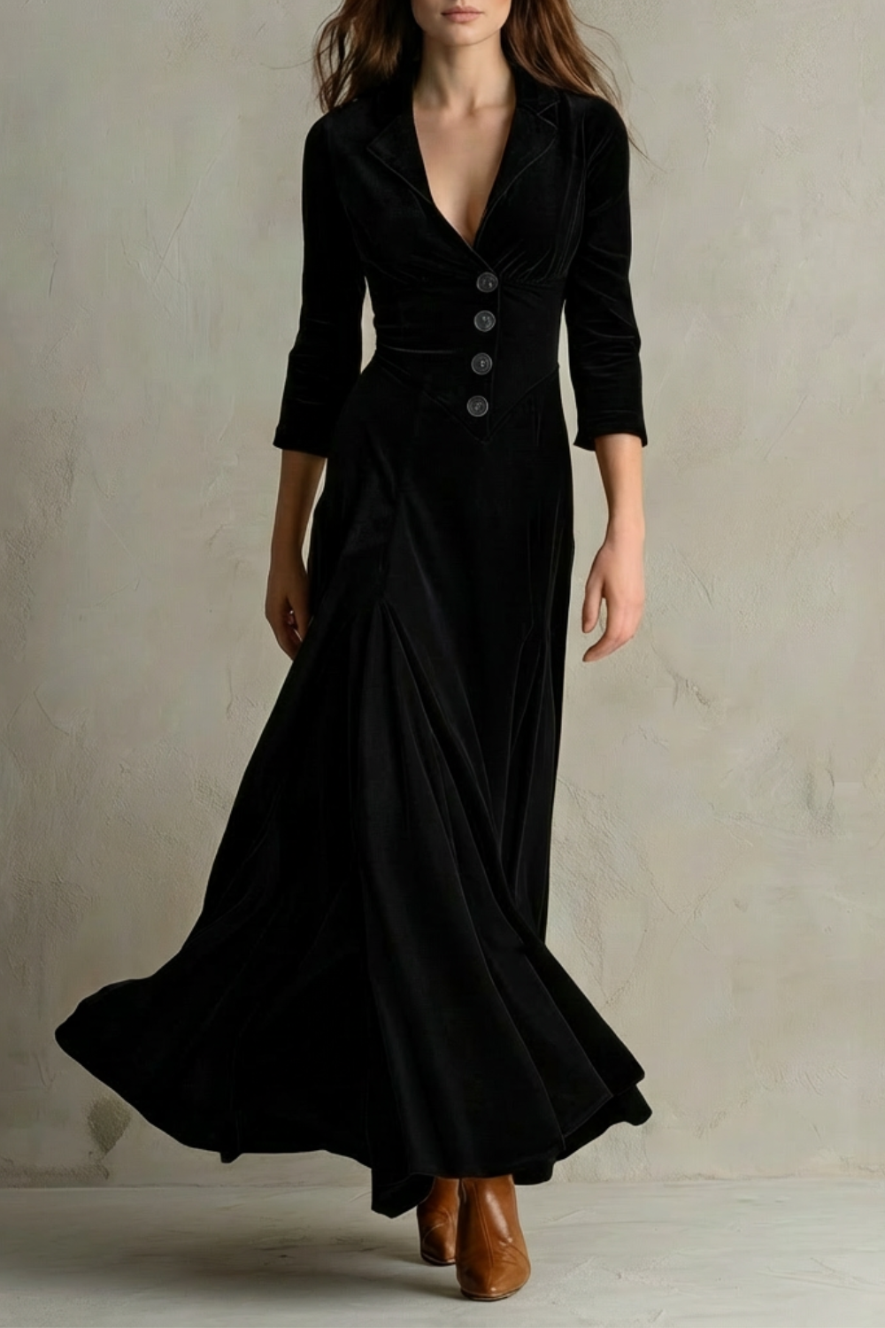 Elspeth | Maxi Dress Black Velvet Blazer Collar Button Front for Women