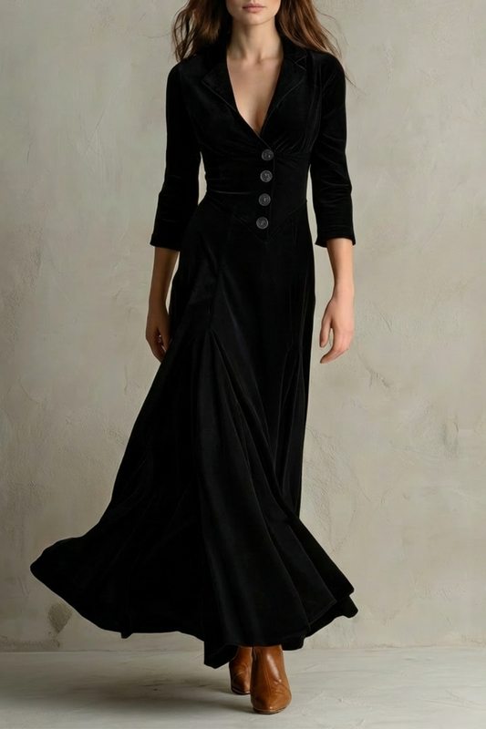 Elspeth | Maxi Dress Black Velvet Blazer Collar Button Front for Women