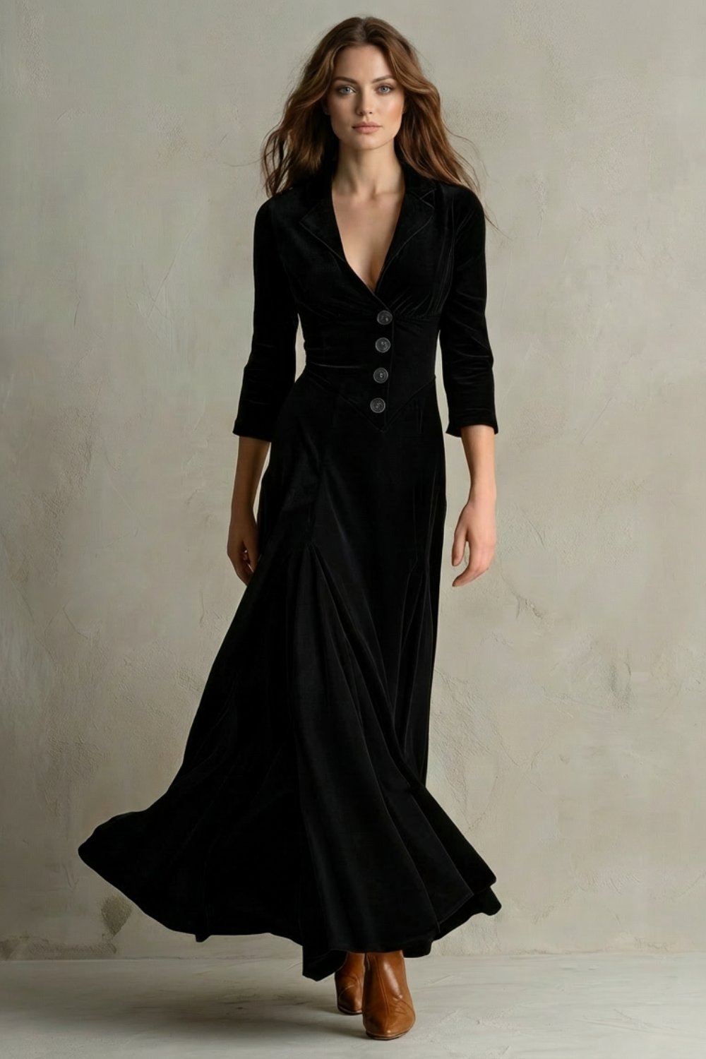 Elspeth | Maxi Dress Black Velvet Blazer Collar Button Front for Women