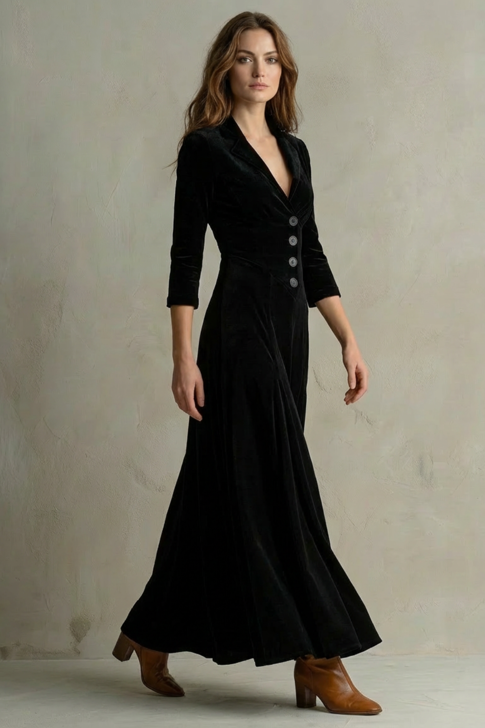 Elspeth | Maxi Dress Black Velvet Blazer Collar Button Front for Women
