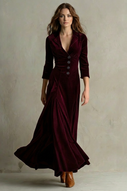 Elspeth | Maxi Dress Black Velvet Blazer Collar Button Front for Women