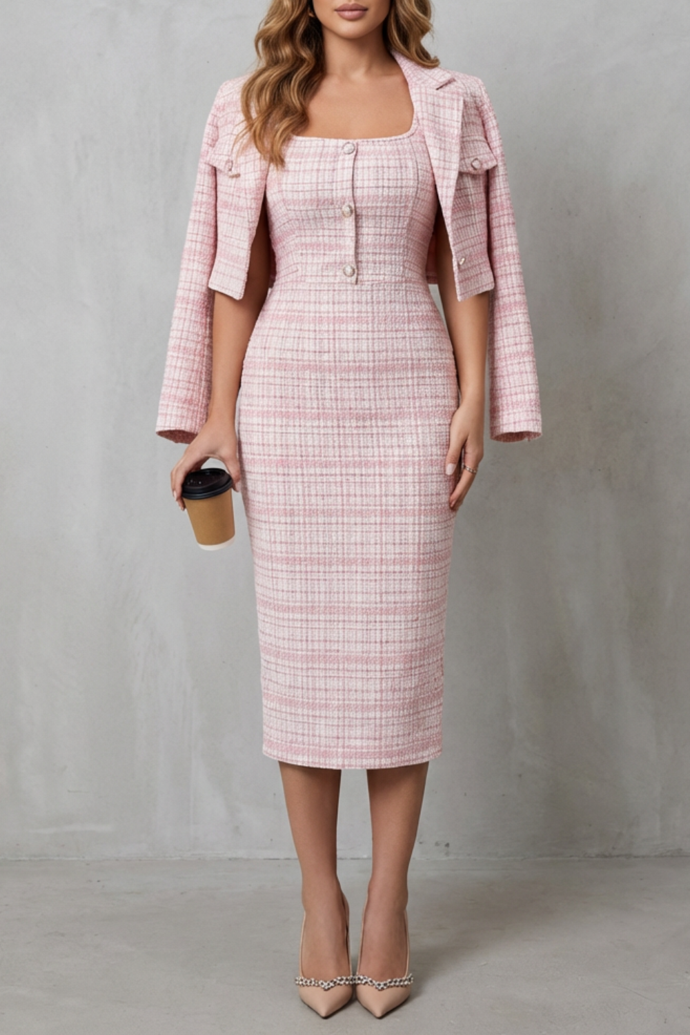 Rosalind | Midi Two-Piece Set Pink Tweed Plaid Blazer & Dress for Women