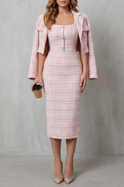 Rosalind | Midi Two-Piece Set Pink Tweed Plaid Blazer & Dress for Women