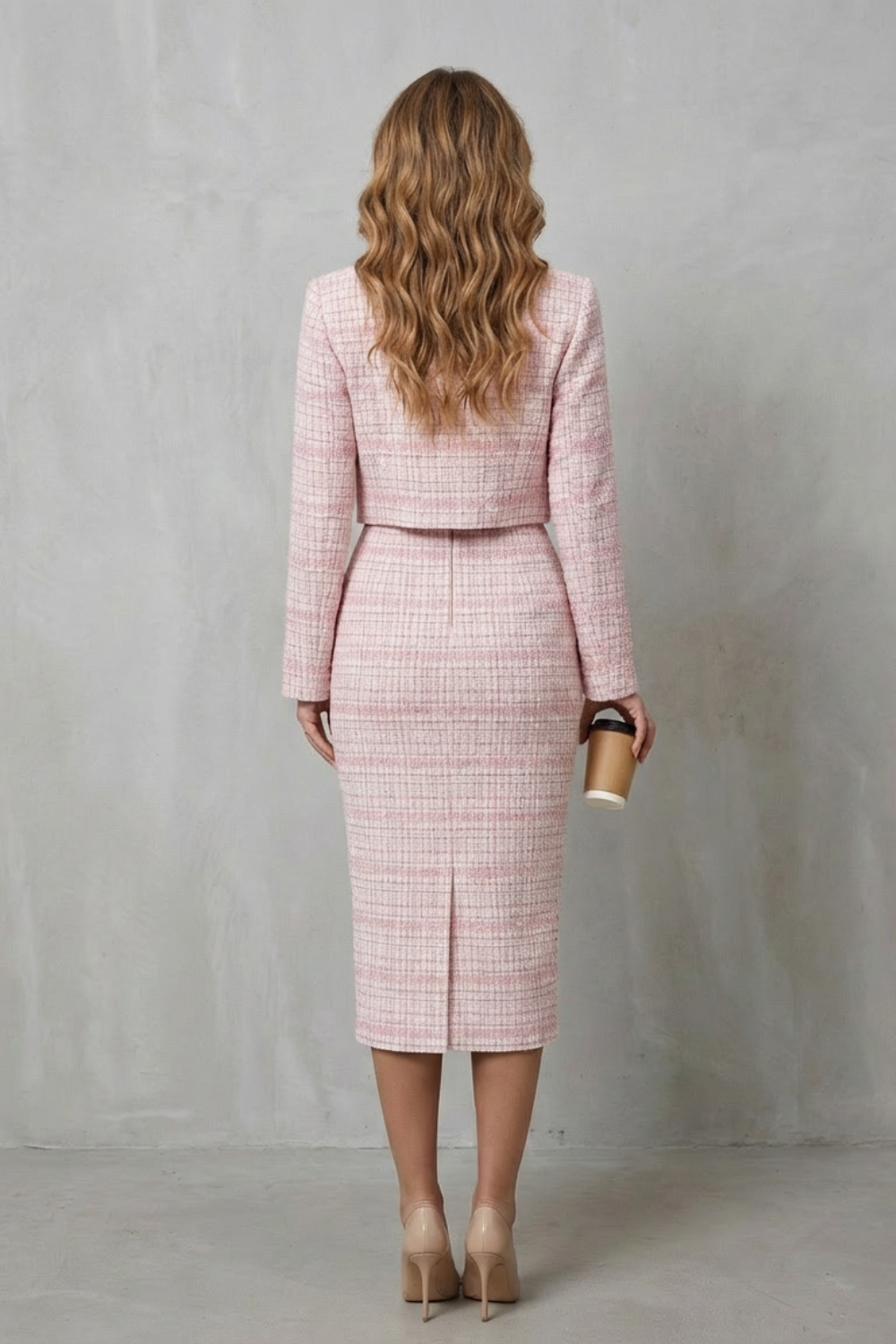 Rosalind | Midi Two-Piece Set Pink Tweed Plaid Blazer & Dress for Women