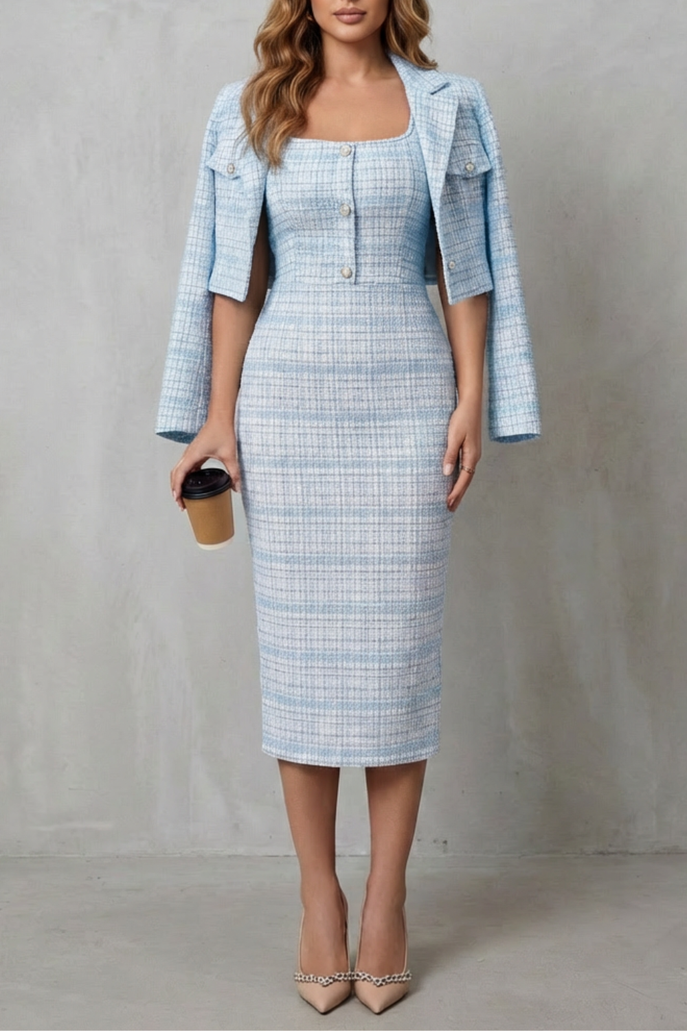 Rosalind | Midi Two-Piece Set Pink Tweed Plaid Blazer & Dress for Women