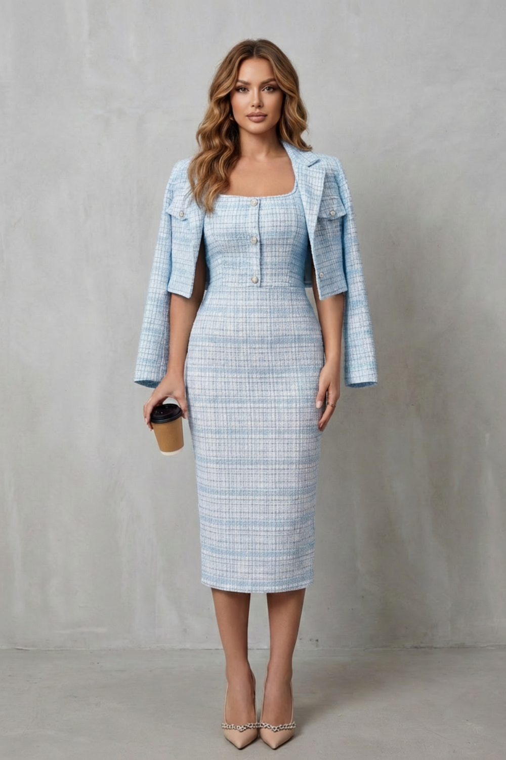 Rosalind | Midi Two-Piece Set Pink Tweed Plaid Blazer & Dress for Women