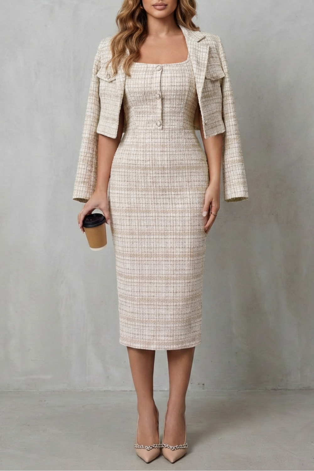 Rosalind | Midi Two-Piece Set Pink Tweed Plaid Blazer & Dress for Women