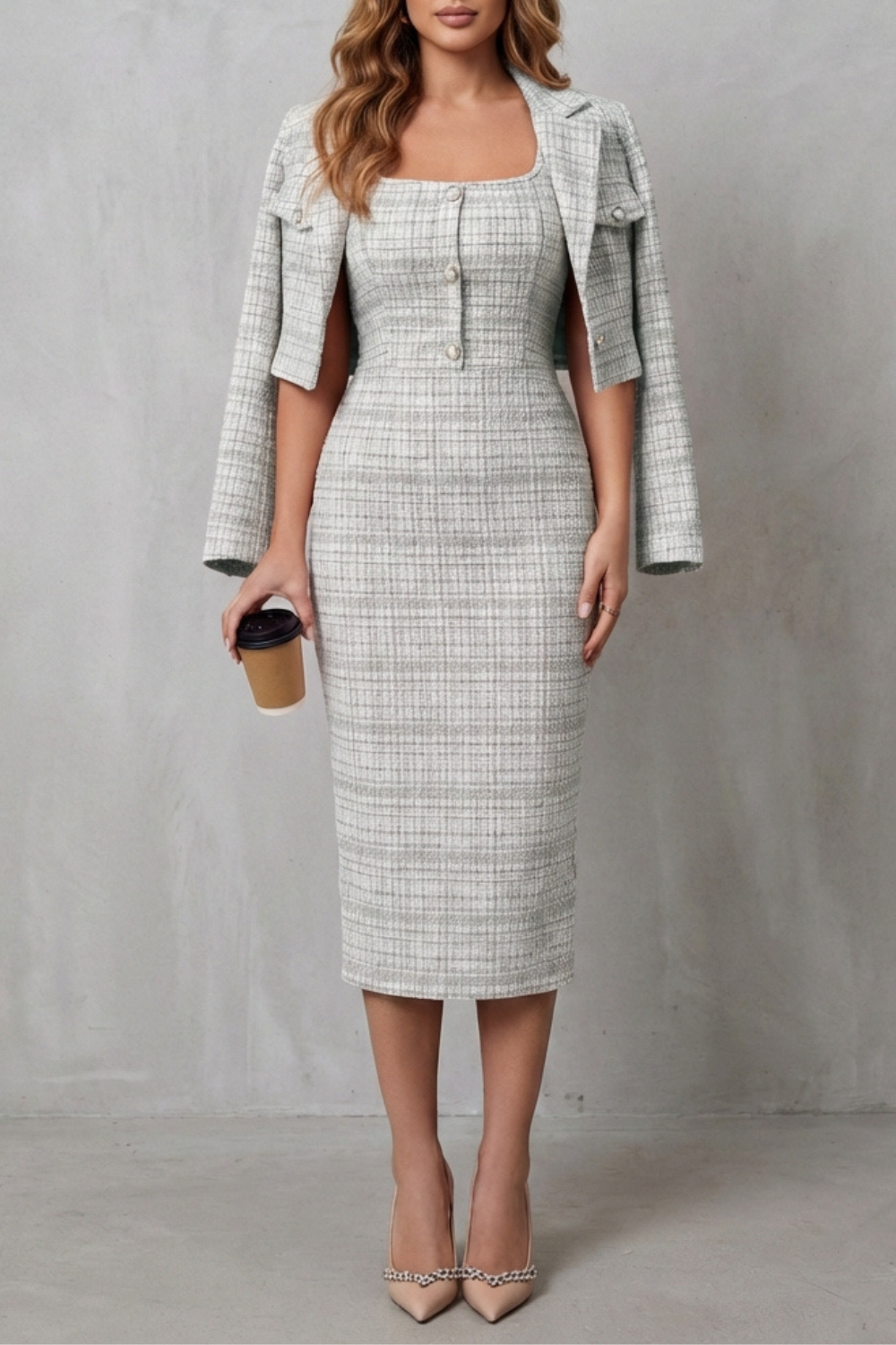 Rosalind | Midi Two-Piece Set Pink Tweed Plaid Blazer & Dress for Women