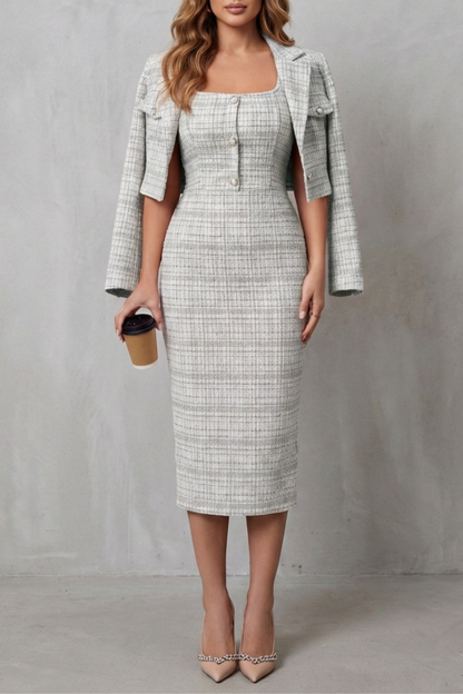 Rosalind | Midi Two-Piece Set Pink Tweed Plaid Blazer & Dress for Women