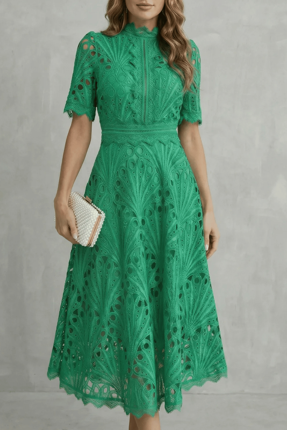 Phoebe | Midi Dress Hot Pink Lace High-Neck A-Line for Women