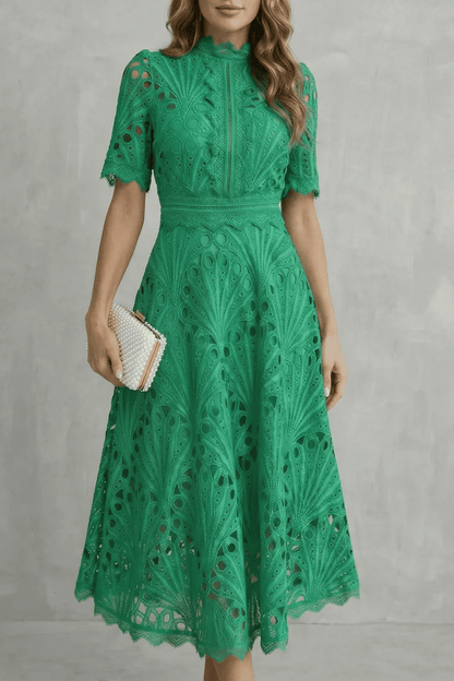 Phoebe | Midi Dress Hot Pink Lace High-Neck A-Line for Women