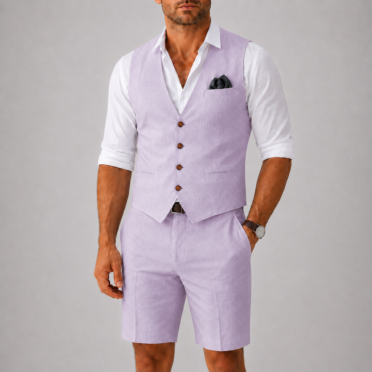 Quentin | Two-Piece Set Beige Linen Vest and Shorts for Men