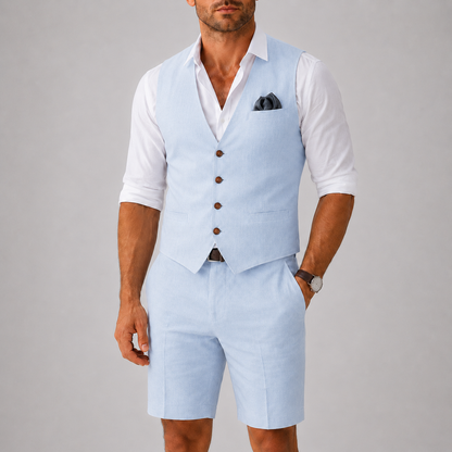Quentin | Two-Piece Set Beige Linen Vest and Shorts for Men