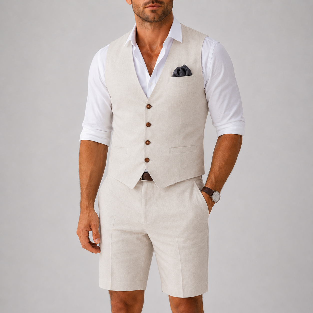 Quentin | Two-Piece Set Beige Linen Vest and Shorts for Men