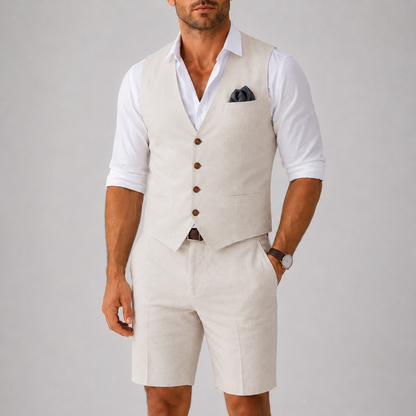 Quentin | Two-Piece Set Beige Linen Vest and Shorts for Men