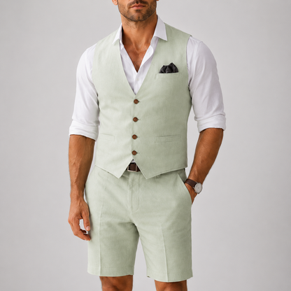 Quentin | Two-Piece Set Beige Linen Vest and Shorts for Men