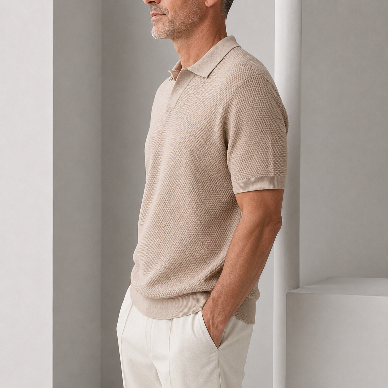 George | Polo Shirt Beige Textured Knit Cotton for Men