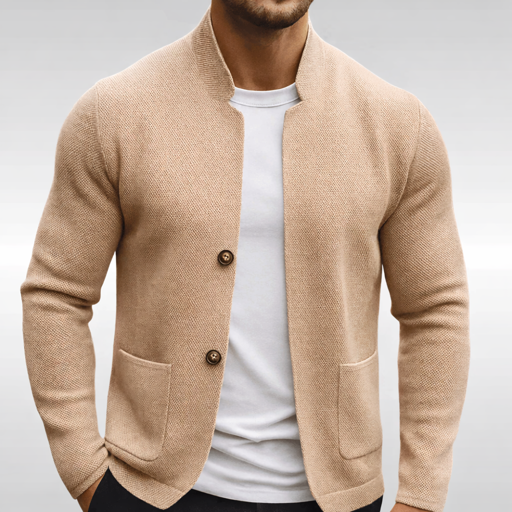 Wallace | Cardigan Jacket Camel Textured Knit Mandarin Collar for Men