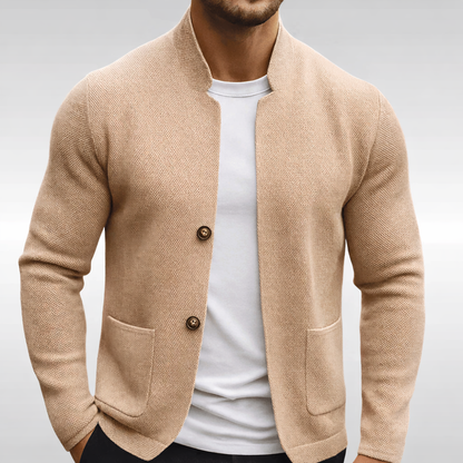 Wallace | Cardigan Jacket Camel Textured Knit Mandarin Collar for Men