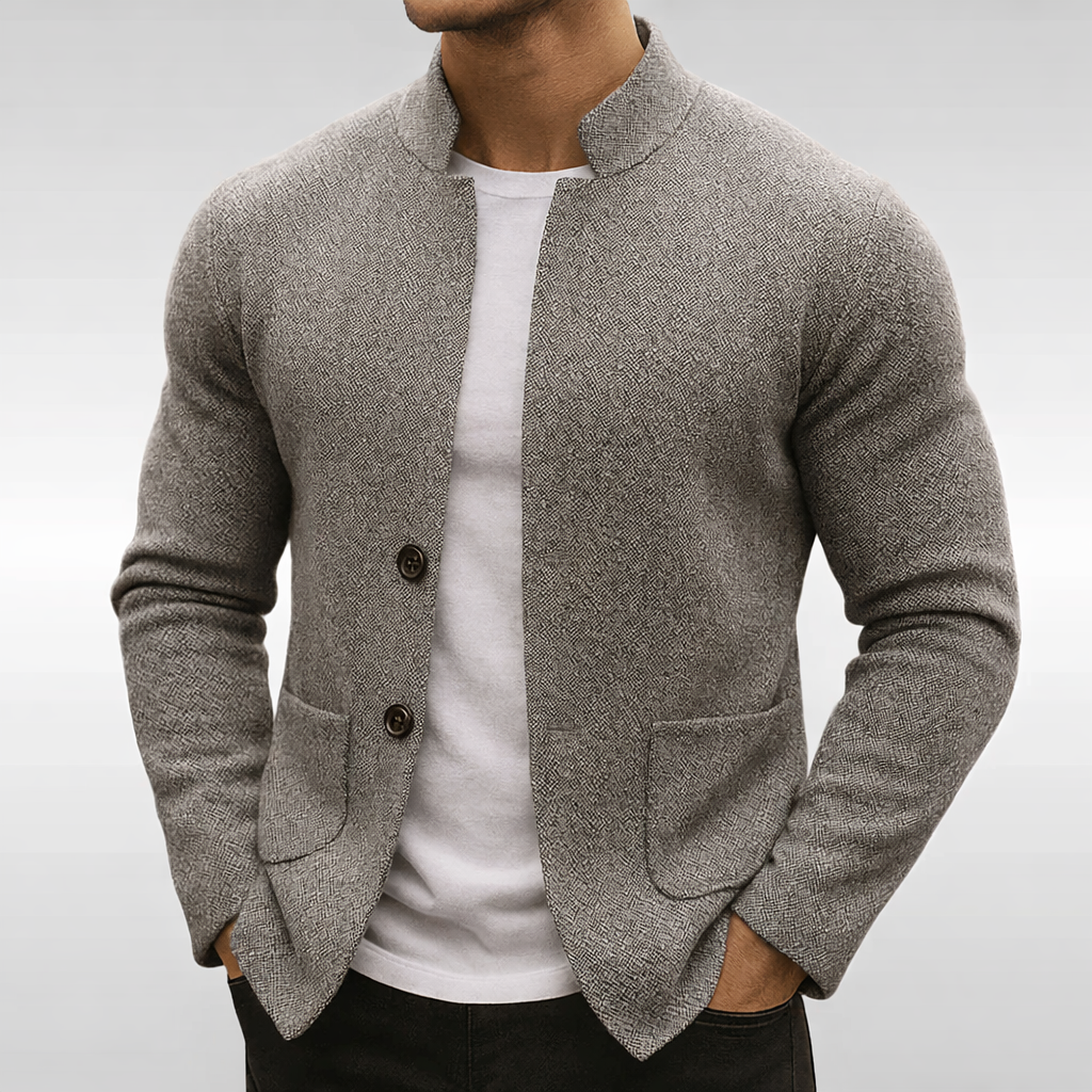 Wallace | Cardigan Jacket Camel Textured Knit Mandarin Collar for Men