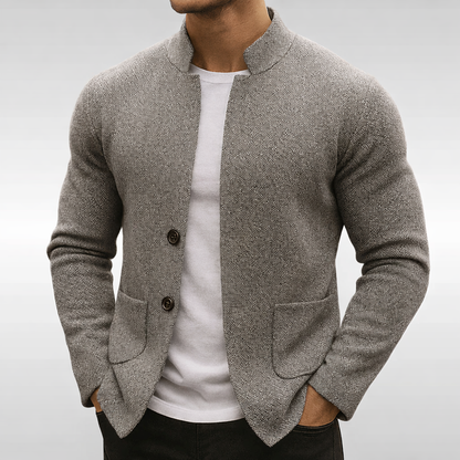 Wallace | Cardigan Jacket Camel Textured Knit Mandarin Collar for Men