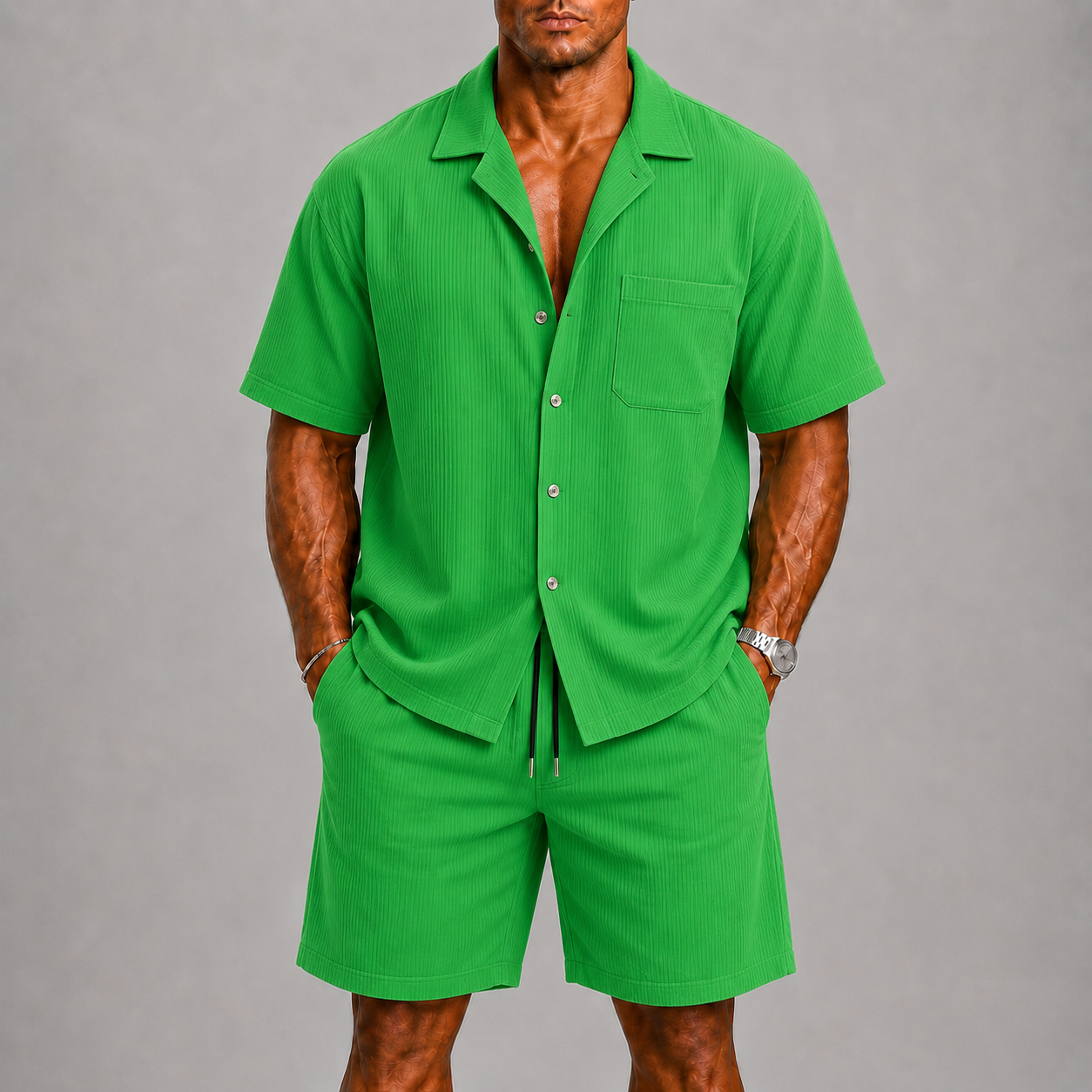 Oswald | Two-Piece Set White Textured Shirt and Shorts for Men