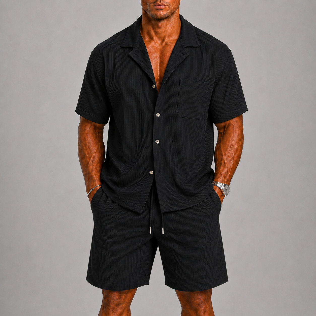 Oswald | Two-Piece Set White Textured Shirt and Shorts for Men
