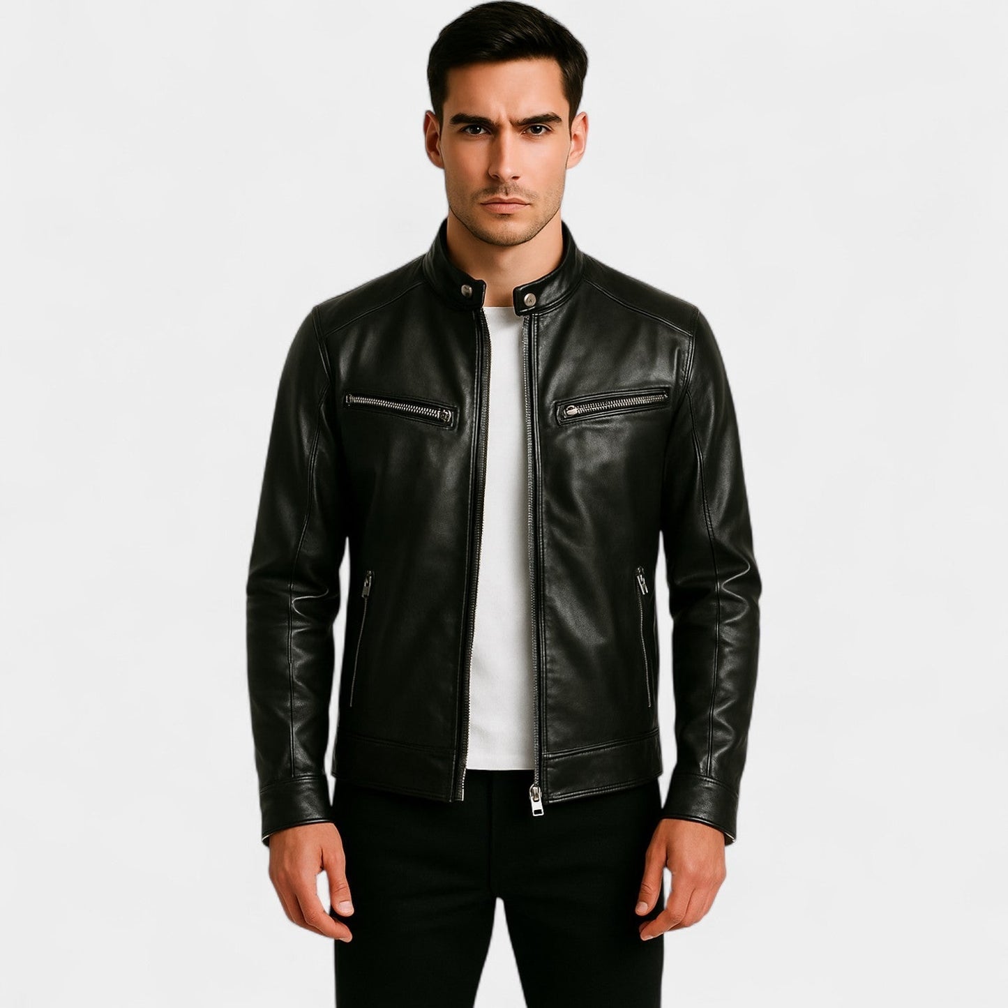 Stanley | Biker Jacket Black Faux Leather Slim Fit for Men