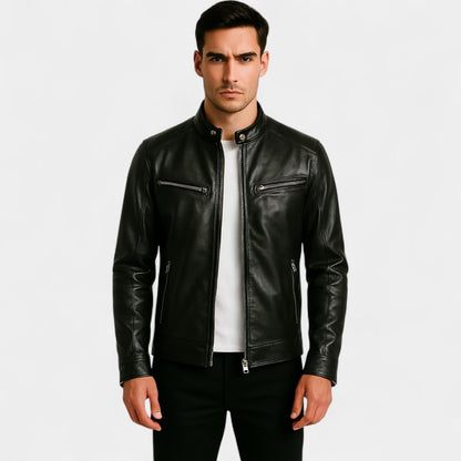 Stanley | Biker Jacket Black Faux Leather Slim Fit for Men