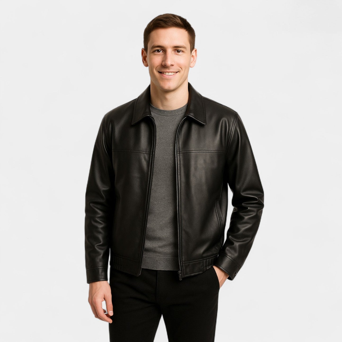 Reginald | Zip-Up Jacket Dark Brown Faux Leather Collared for Men