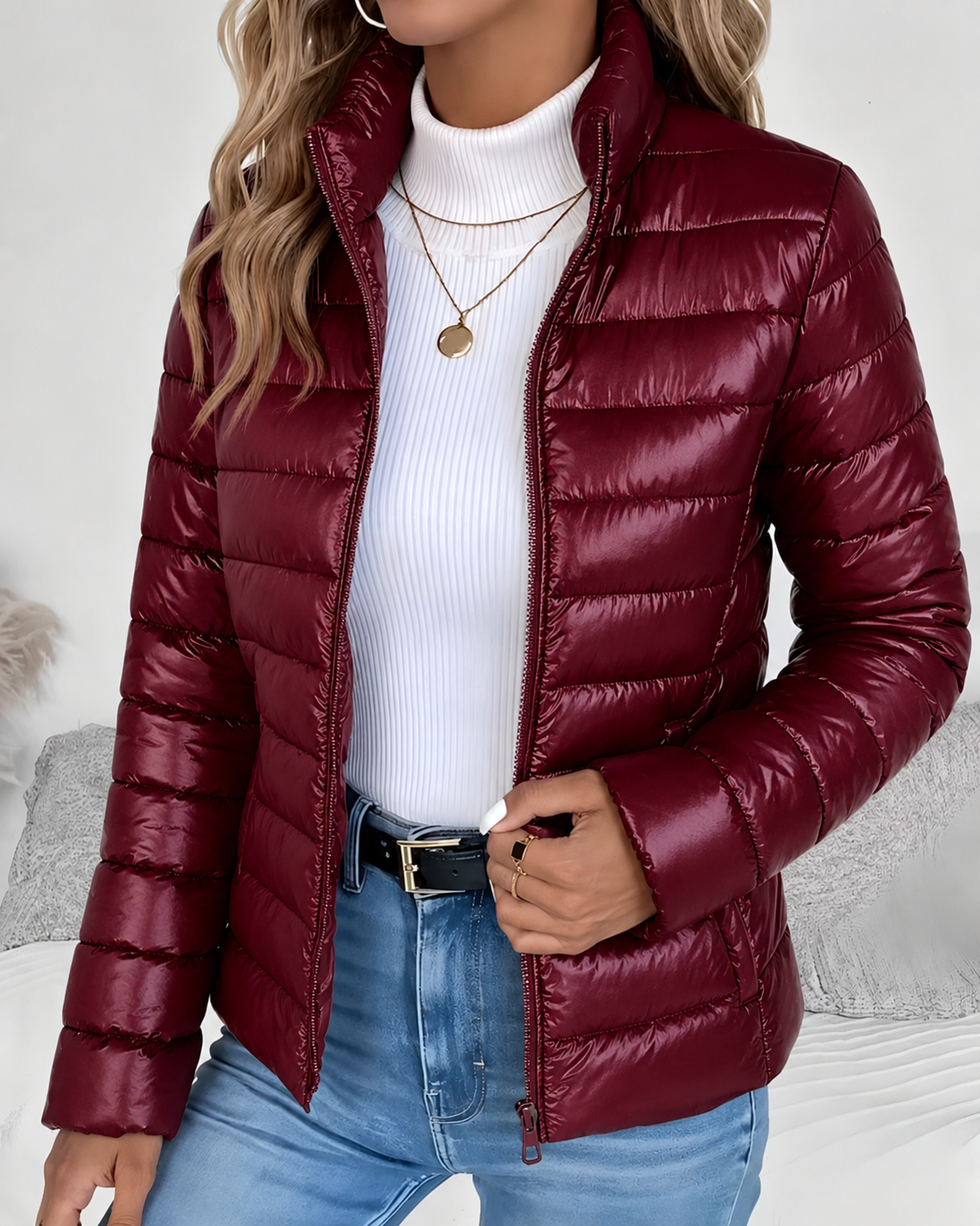 Arabella | Puffer Jacket Sage Green Lightweight Stand Collar Zip for Women