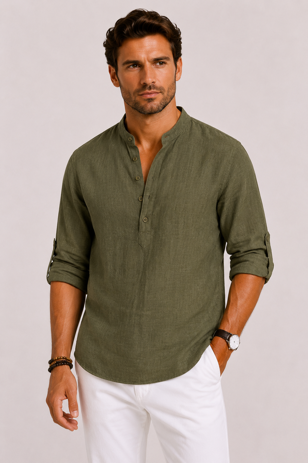 George | Linen Shirt White Stand Collar Relaxed Fit for Men