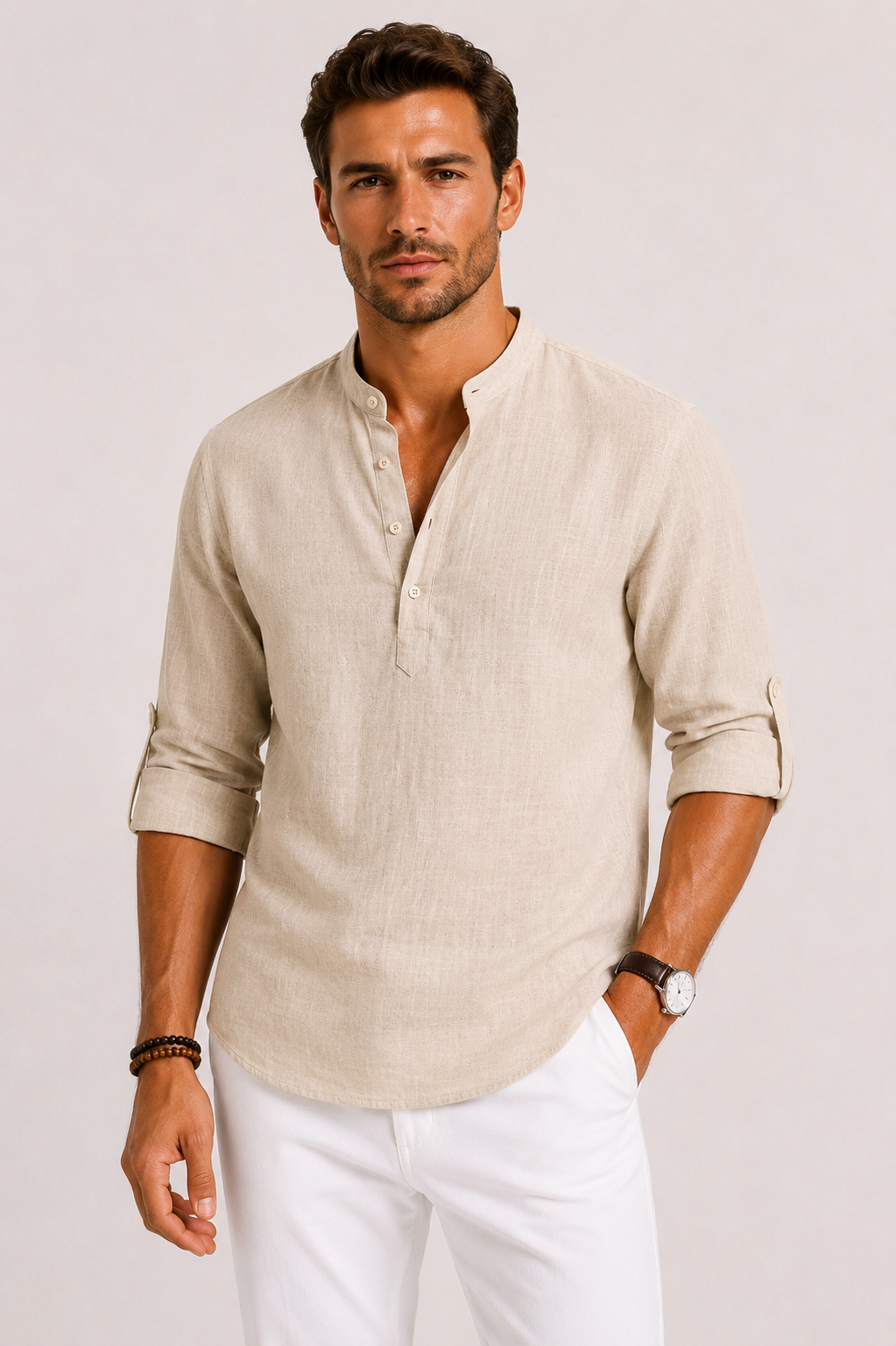 George | Linen Shirt White Stand Collar Relaxed Fit for Men