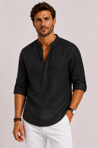 George | Linen Shirt White Stand Collar Relaxed Fit for Men