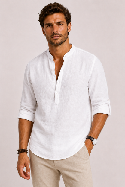 George | Linen Shirt White Stand Collar Relaxed Fit for Men