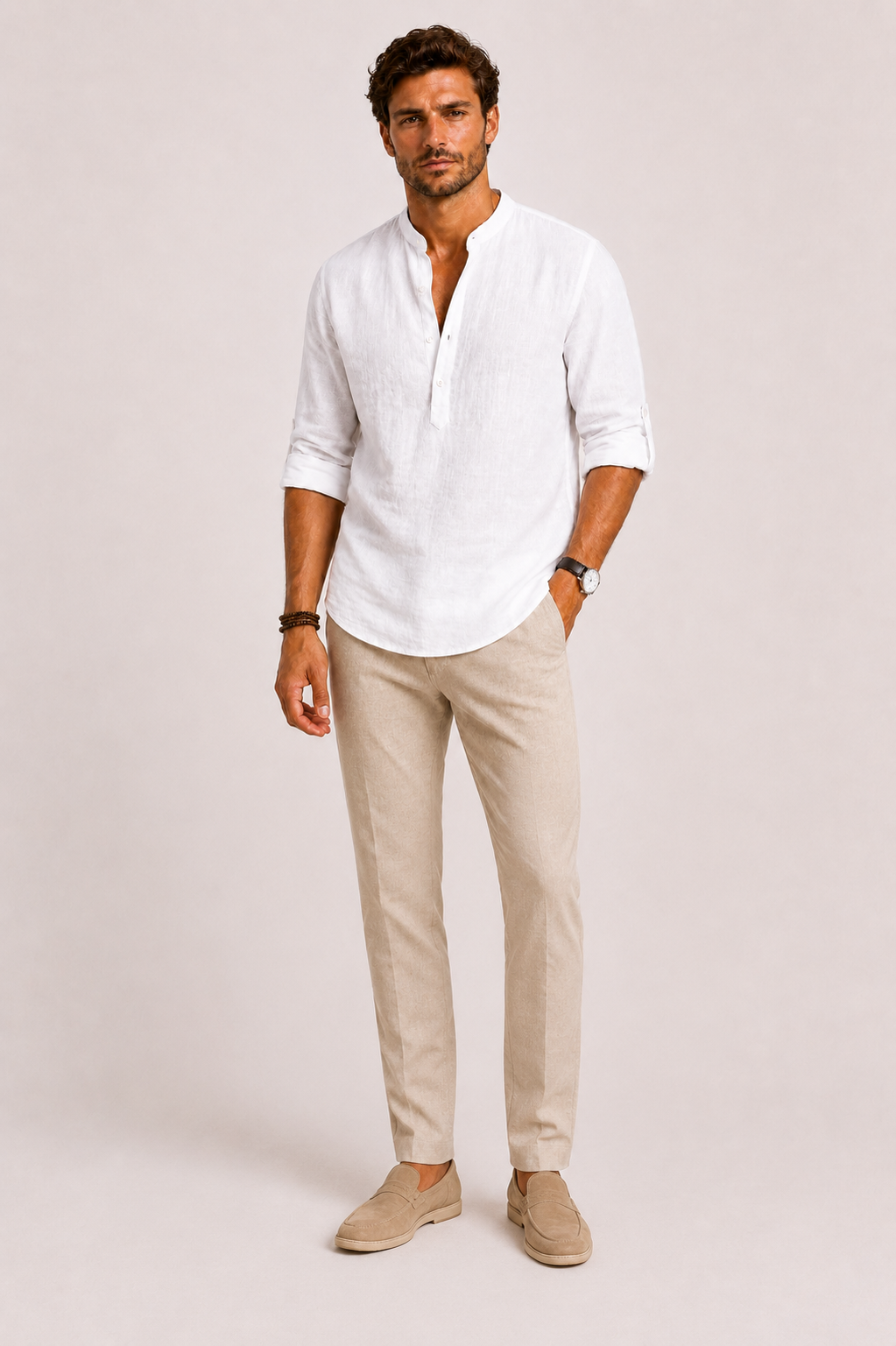George | Linen Shirt White Stand Collar Relaxed Fit for Men