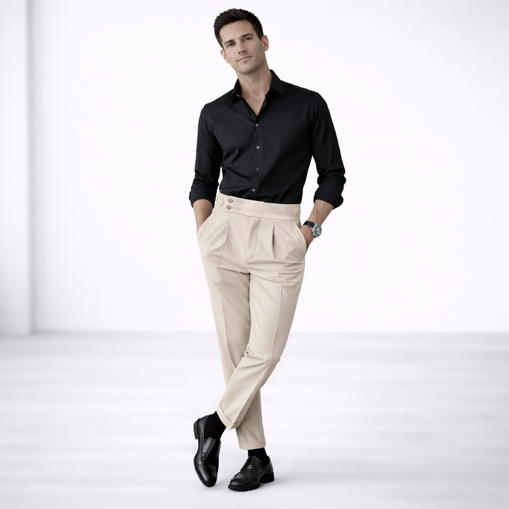 Humphrey | High-Waisted Trousers Cream Cotton Pleated for Men