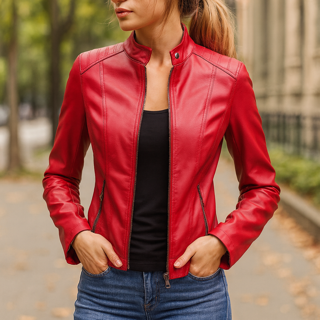 Harriet | Biker Jacket Red Faux Leather Stand Collar for Women