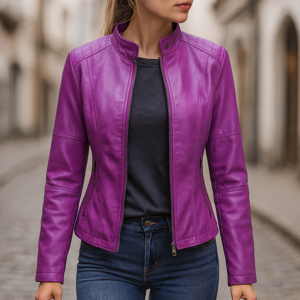 Harriet | Biker Jacket Red Faux Leather Stand Collar for Women