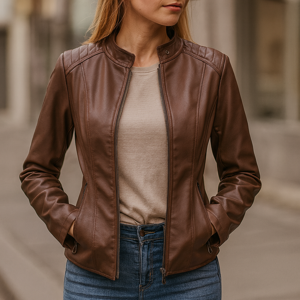 Harriet | Biker Jacket Red Faux Leather Stand Collar for Women