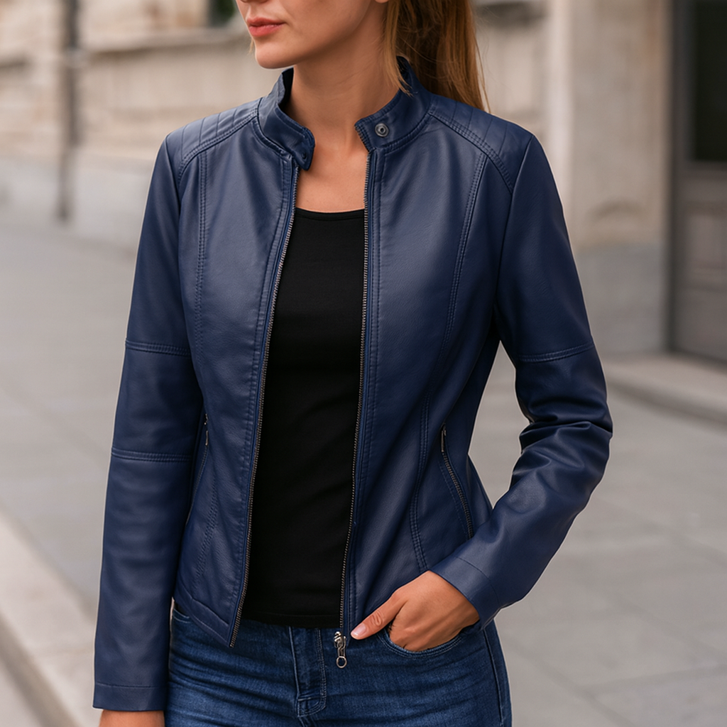 Harriet | Biker Jacket Red Faux Leather Stand Collar for Women
