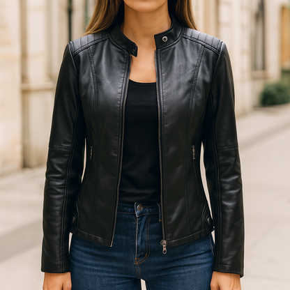 Harriet | Biker Jacket Red Faux Leather Stand Collar for Women