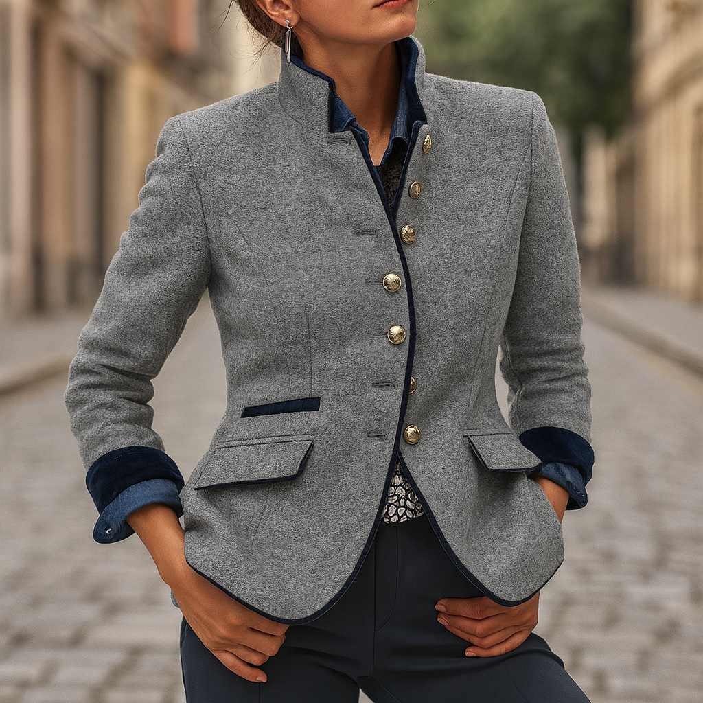 Miriam | Blazer Jacket Grey Wool-Look Stand Collar Gold Buttons for Women